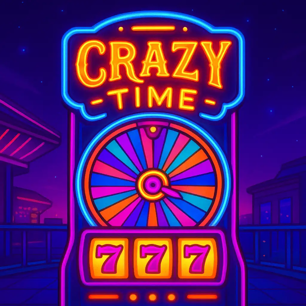 Crazy Time slot machine glowing with a colorful game show wheel at the WinZu rooftop lounge