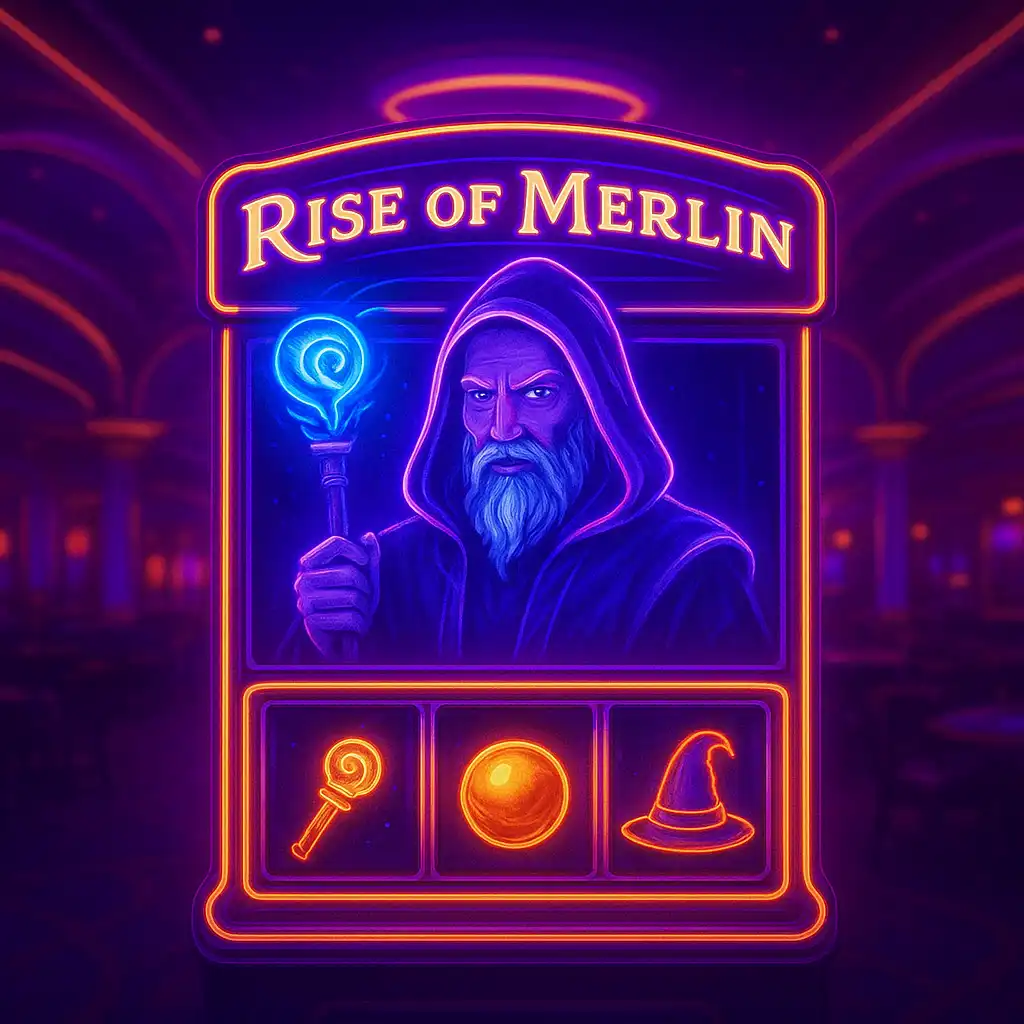 Rise of Merlin slot machine glowing with a mystic wizard theme at the WinZu rooftop lounge