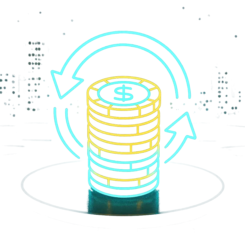 Glowing casino chip stack with cashback arrows on the WinZu rooftop lounge table