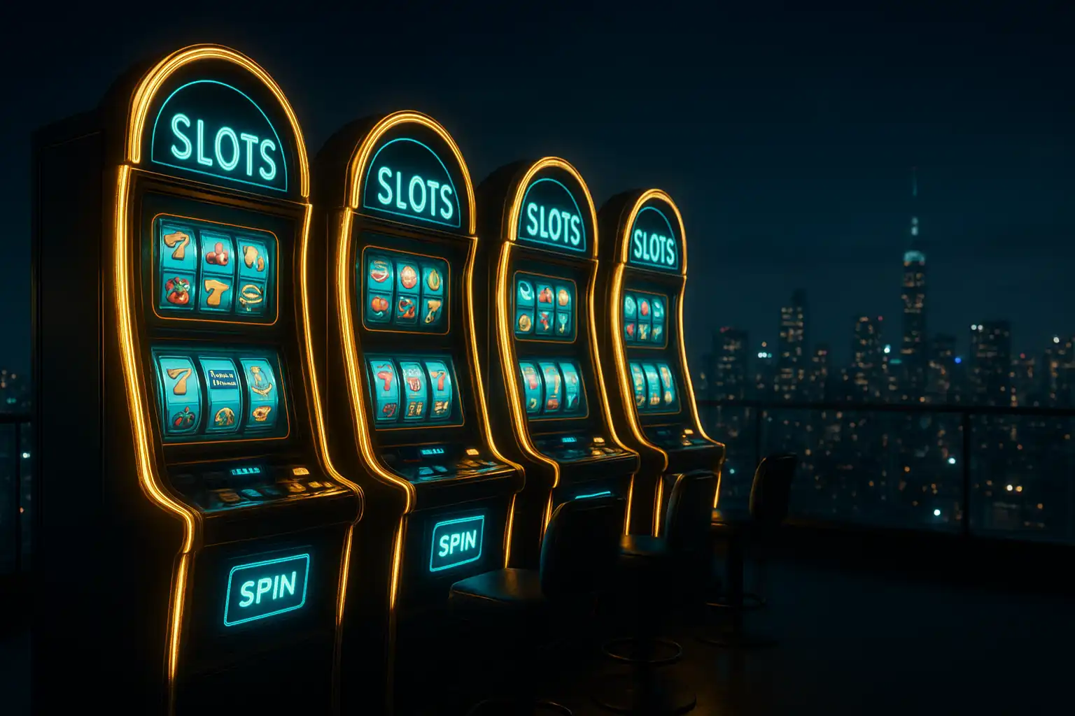 Row of glowing slot machines on the WinZu rooftop casino floor overlooking a city skyline at night