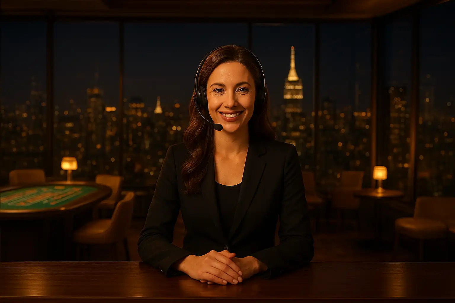 Friendly WinZu support host at a rooftop lounge help desk with a city skyline behind glass walls at night