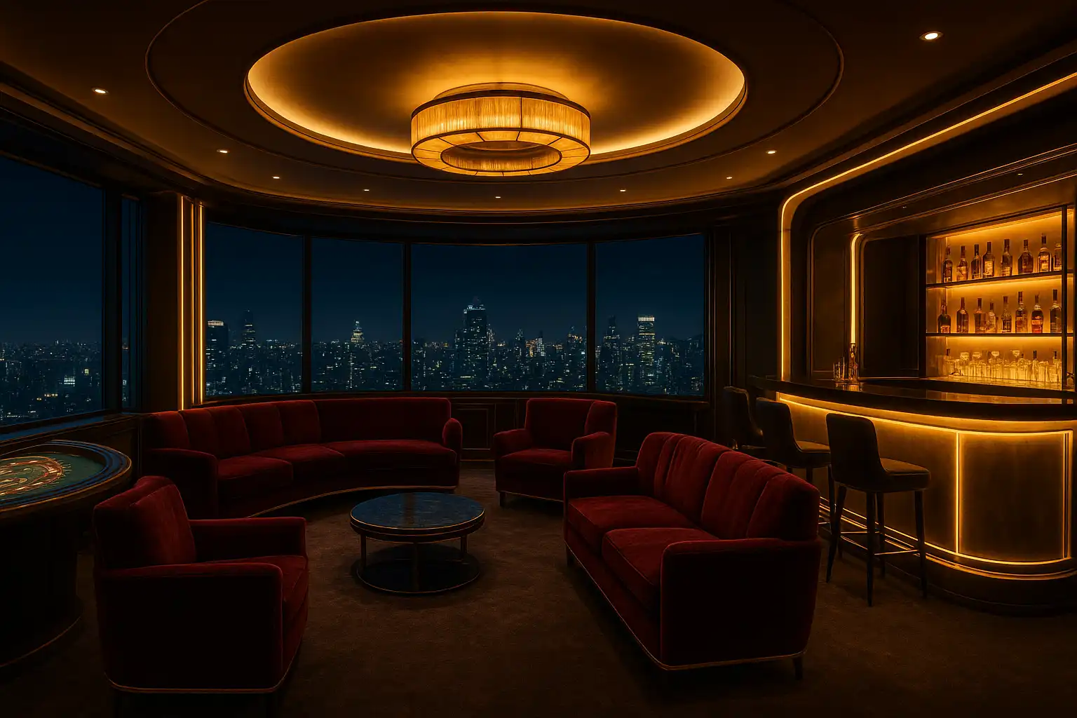 Velvet VIP lounge seating on the WinZu rooftop casino with a city skyline view at night